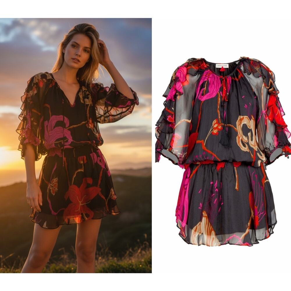NWT SOUVENIR Size S The Havana Mini Dress 100% Silk Ruffle Sleeves Smocked $435